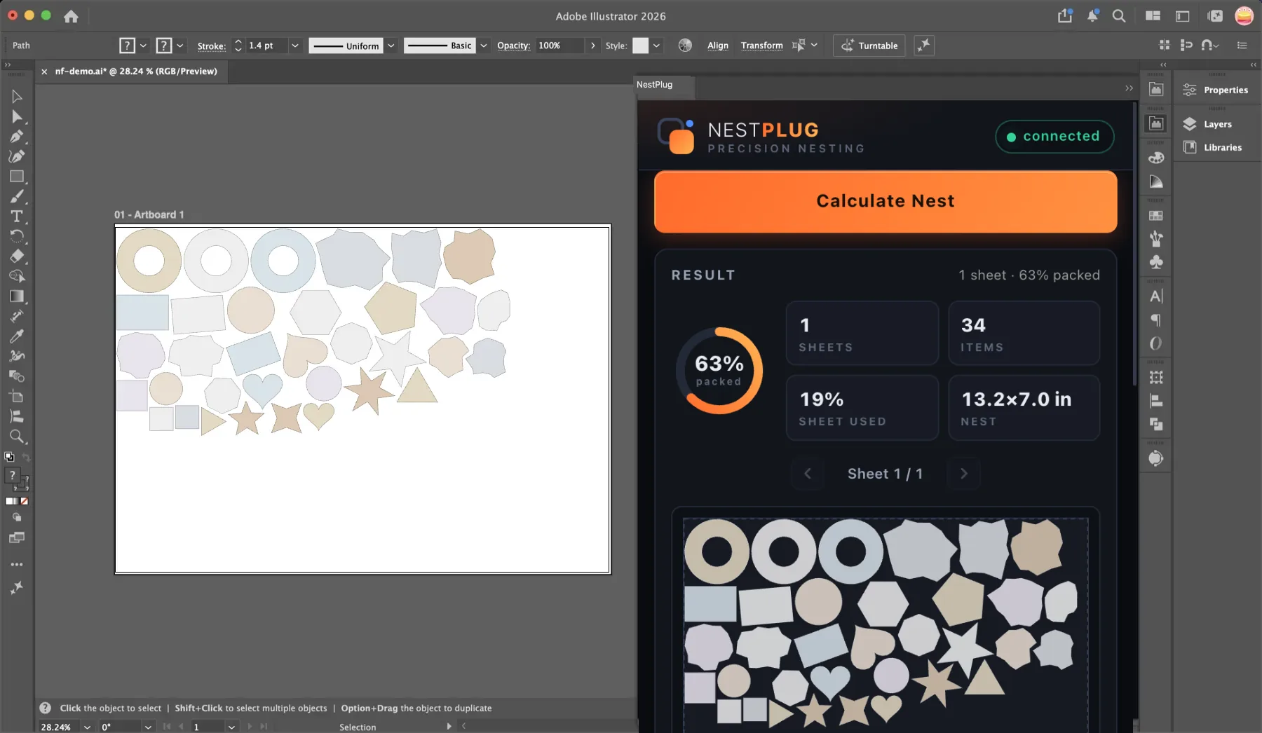 NestPlug in Adobe Illustrator 2026: 34 die-cut shapes applied to one sheet, 63% packed, results panel visible