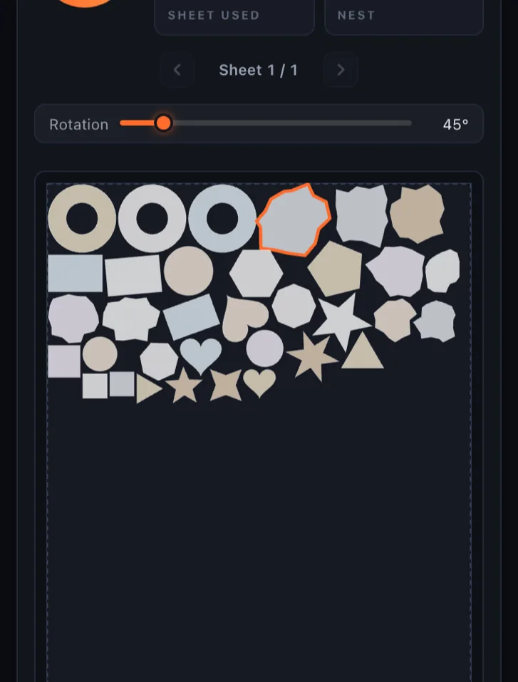 Manual adjust mode: a selected placement rotated 45 degrees with the rotation slider