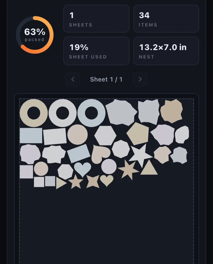 NestPlug results: 34 items on 1 sheet, 63 percent packed, with live preview