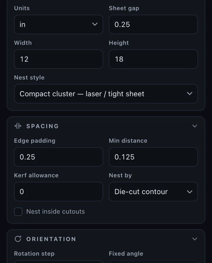 NestPlug panel: sheet size, nest style, kerf allowance and spacing settings