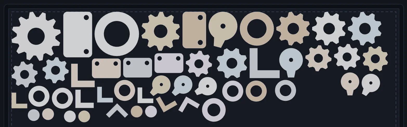NestPlug preview: 48 gears, brackets and plates nested on a 600 by 400 mm laser bed